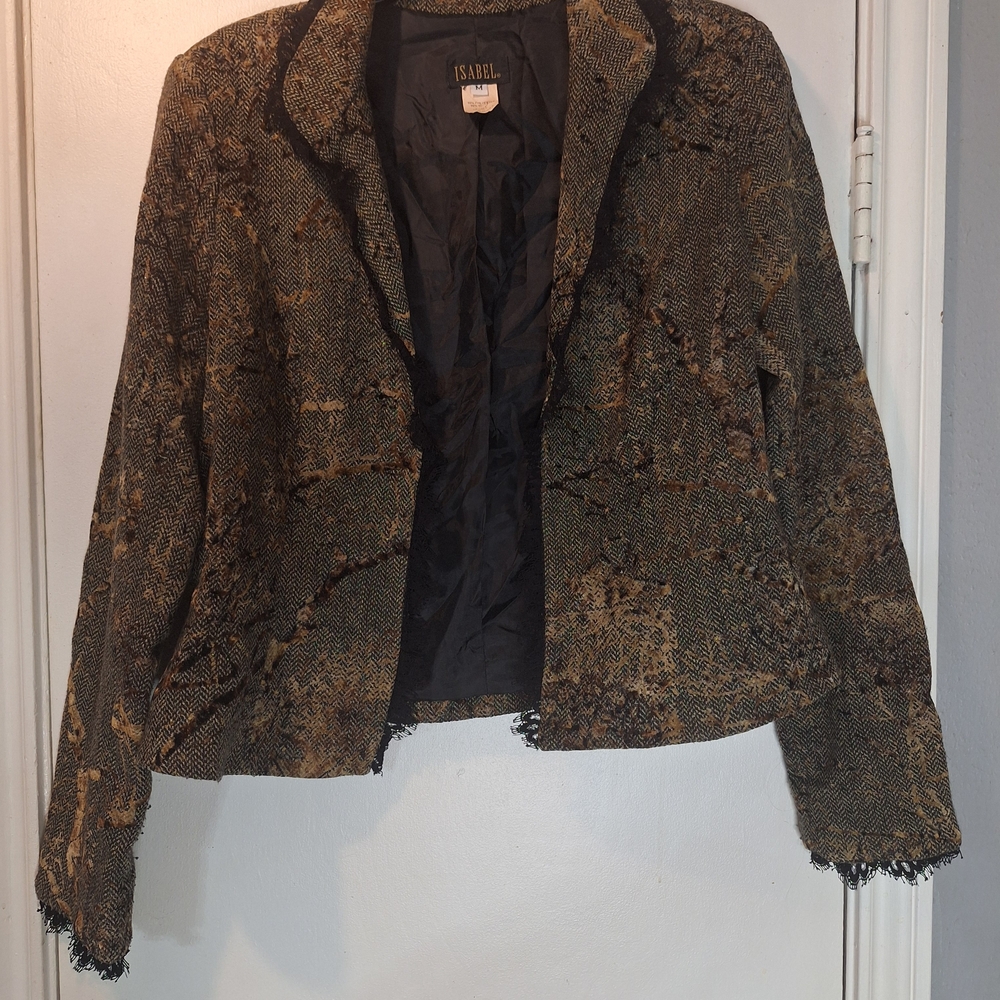 Isabel Brown Textured Blazer Black Lace Embellishment On Sleeve And Collar M